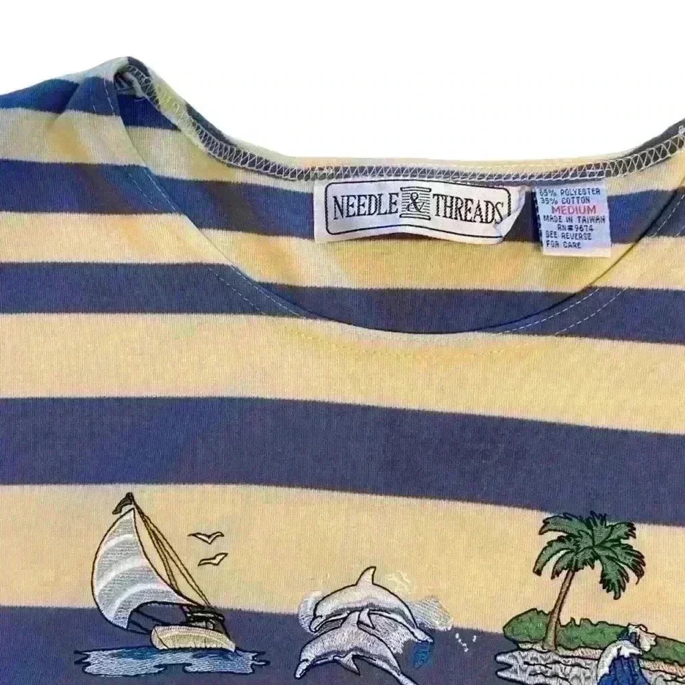 Vintage Needle & Threads Women’s Top Size M Yellow Blue Embroidered Nautical - Picture 4 of 9
